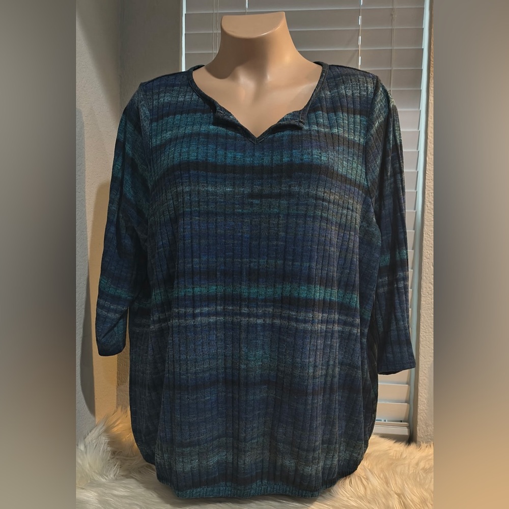 Lane Bryant Navy and Teal Striped Knit Top